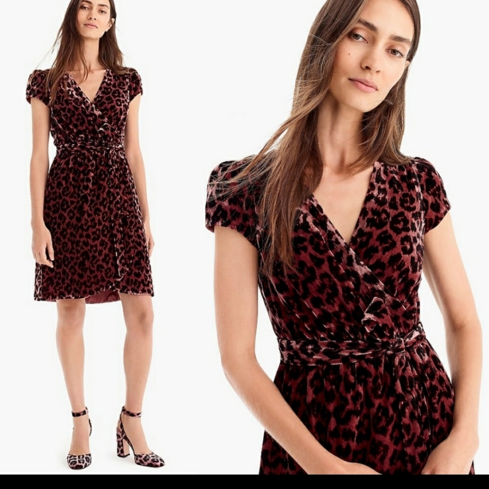 J Crew | Faux Wrap Drapey Velvet Rose Leopard Dres